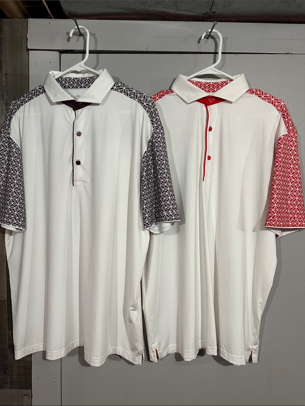 Men's White Polo with Geometric Sleeve Panels - Red or Black Accent